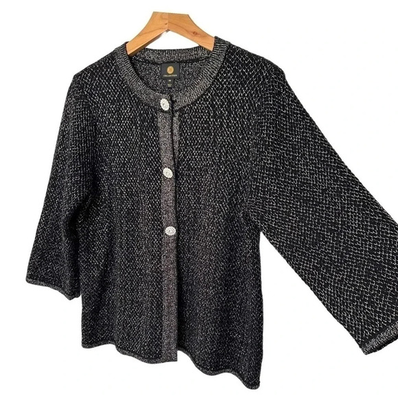 JM Collection MP‎ elegant black cardigan with silver thread + rhinestone buttons - Picture 2 of 7